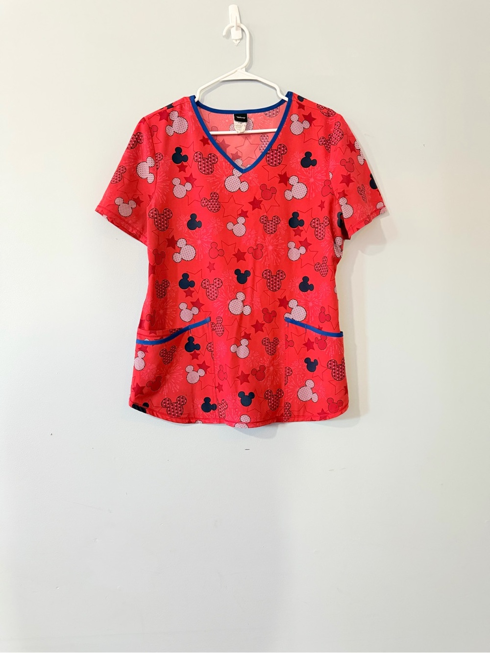 Women’s Red Mickey Print V-Neck Scrub Top